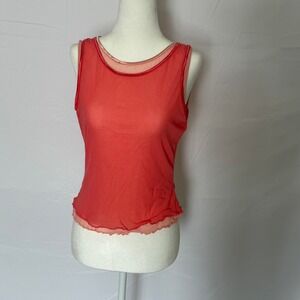 NY&CO New York & Company Coral Pink Mesh Layered Tank Top Lettuce Hem Womens M